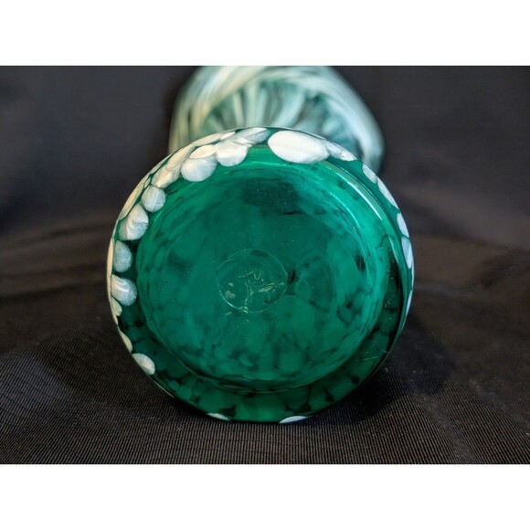 Vtg Hand Blown Aqua & White Marble Spatter Confetti Swirl Glass Ruffled Vase - Picture 5 of 6